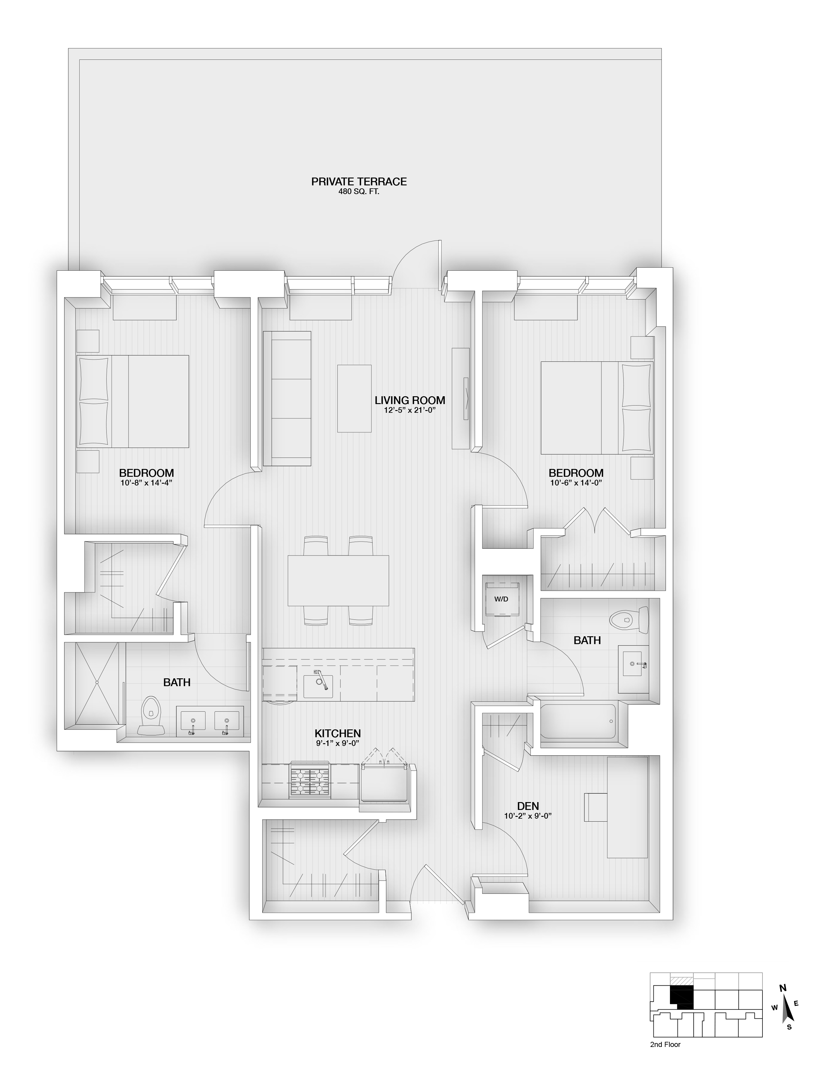 Floor plan for 3 beds, 2 baths, 1185 sqft